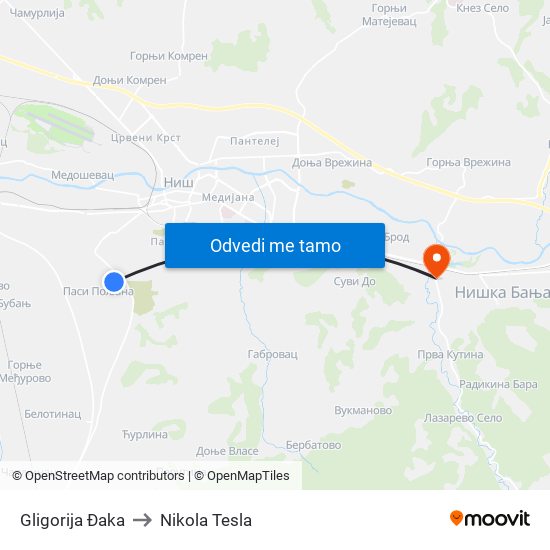 Gligorija Đaka to Nikola Tesla map