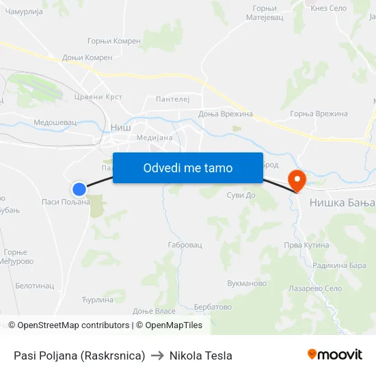 Pasi Poljana (Raskrsnica) to Nikola Tesla map