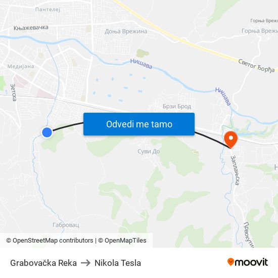 Grabovačka Reka to Nikola Tesla map