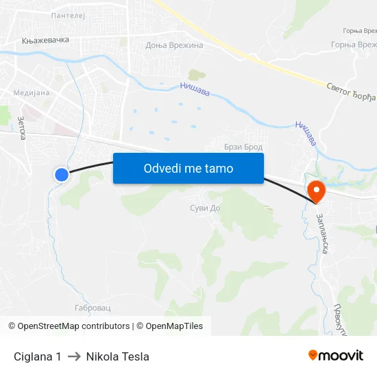 Ciglana 1 to Nikola Tesla map