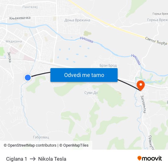 Ciglana 1 to Nikola Tesla map