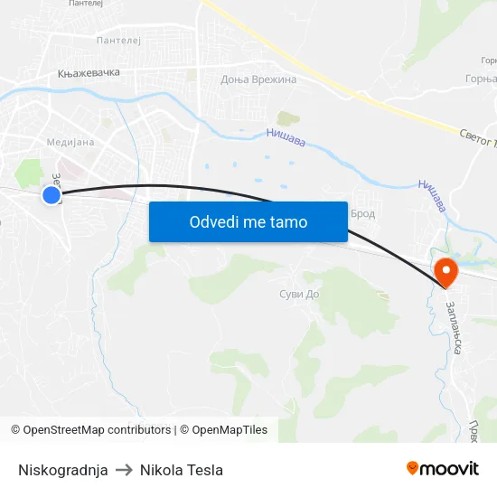 Niskogradnja to Nikola Tesla map