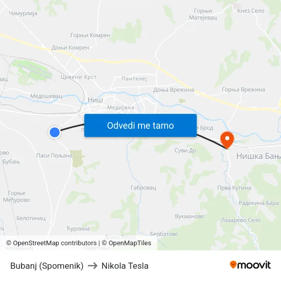 Bubanj (Spomenik) to Nikola Tesla map