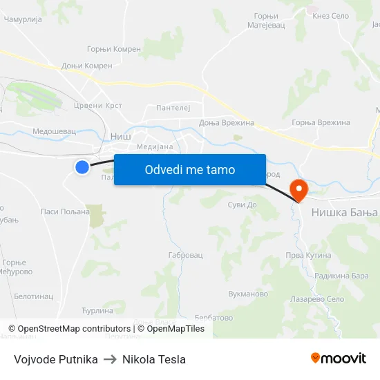 Vojvode Putnika to Nikola Tesla map