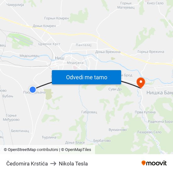 Čedomira Krstića to Nikola Tesla map