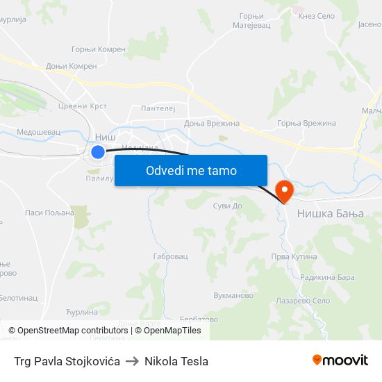 Trg Pavla Stojkovića to Nikola Tesla map