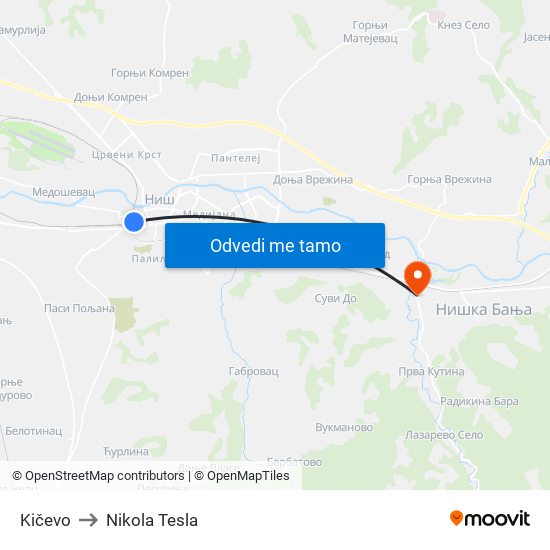 Kičevo to Nikola Tesla map