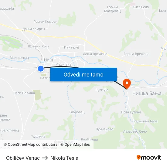 Obilićev Venac to Nikola Tesla map
