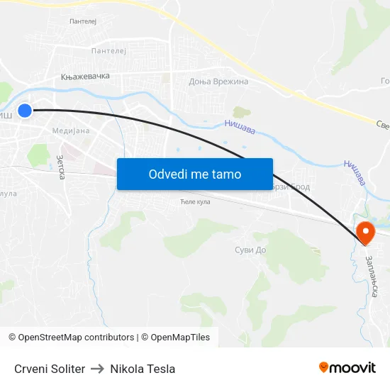 Crveni Soliter to Nikola Tesla map