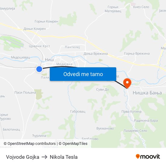 Vojvode Gojka to Nikola Tesla map