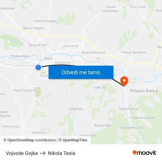 Vojvode Gojka to Nikola Tesla map
