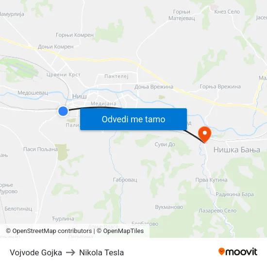 Vojvode Gojka to Nikola Tesla map
