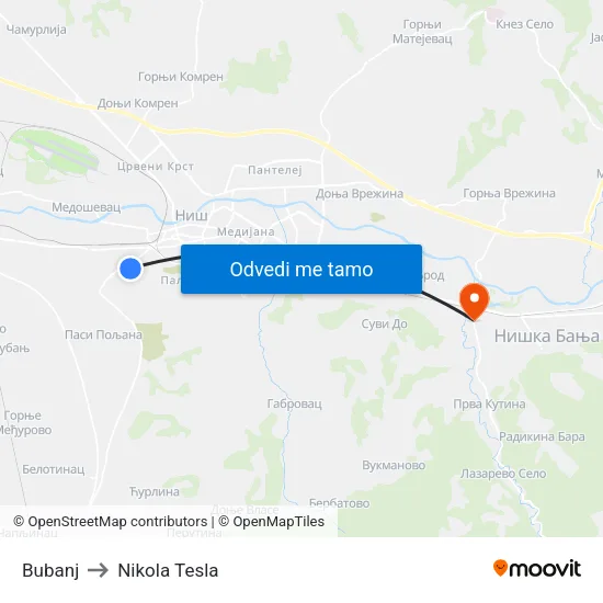 Bubanj to Nikola Tesla map