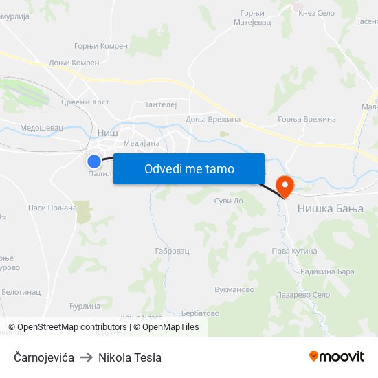 Čarnojevića to Nikola Tesla map