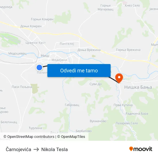 Čarnojevića to Nikola Tesla map