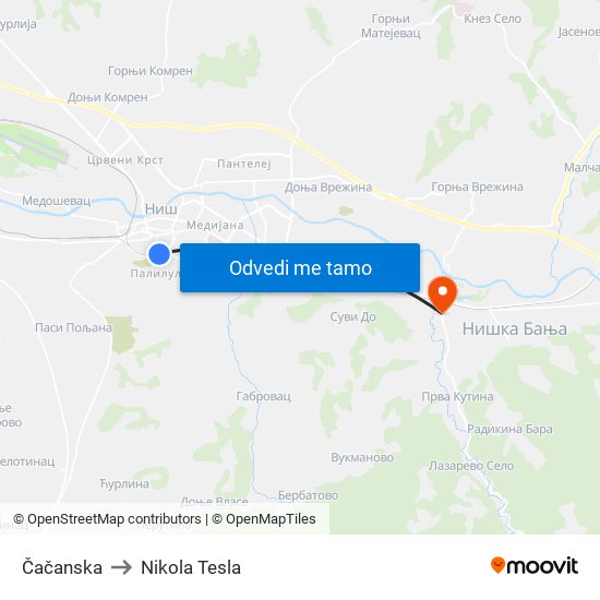 Čačanska to Nikola Tesla map