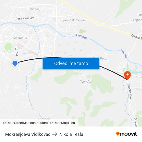 Mokranjčeva Vidikovac to Nikola Tesla map