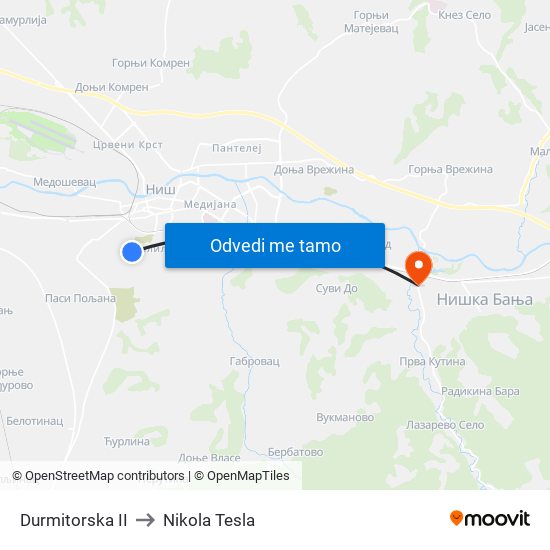 Durmitorska II to Nikola Tesla map