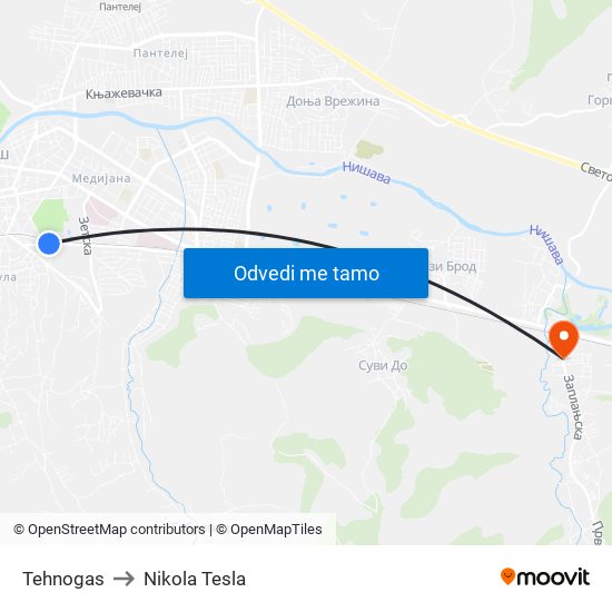 Tehnogas to Nikola Tesla map