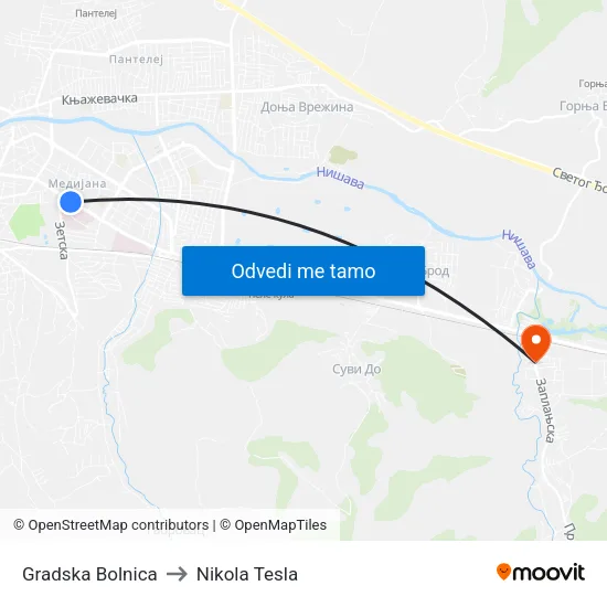 Gradska Bolnica to Nikola Tesla map