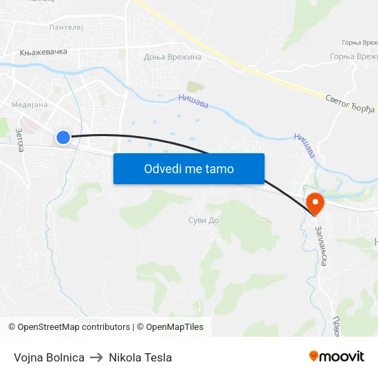 Vojna Bolnica to Nikola Tesla map