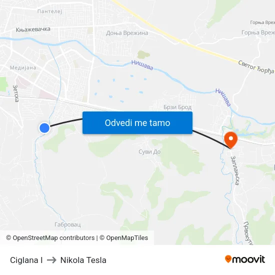 Ciglana I to Nikola Tesla map
