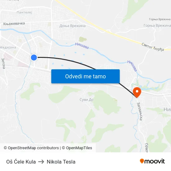 Oš Ćele Kula to Nikola Tesla map