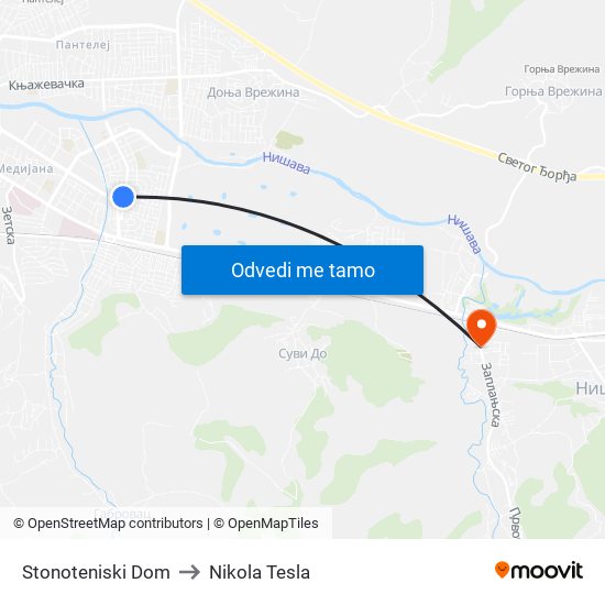 Stonoteniski Dom to Nikola Tesla map