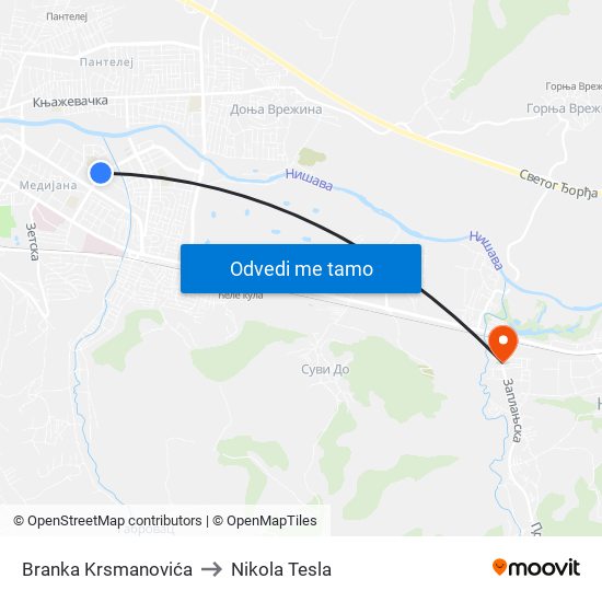 Branka Krsmanovića to Nikola Tesla map