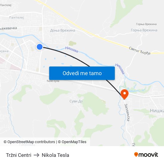 Tržni Centri to Nikola Tesla map