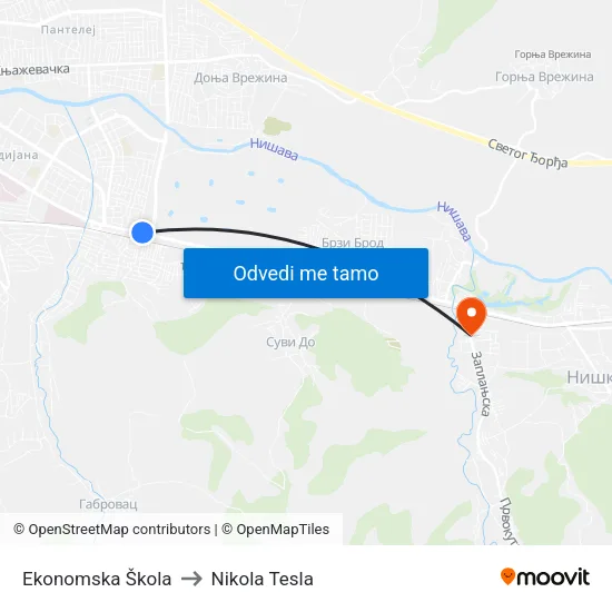 Ekonomska Škola to Nikola Tesla map
