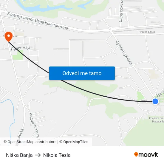 Niška Banja to Nikola Tesla map