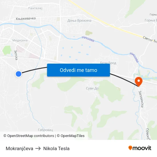 Mokranjčeva to Nikola Tesla map