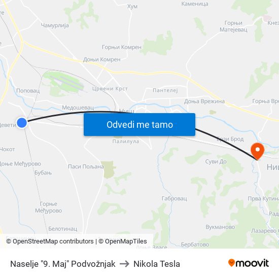 Naselje "9. Maj" Podvožnjak to Nikola Tesla map