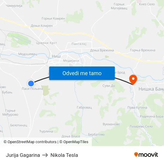 Jurija Gagarina to Nikola Tesla map