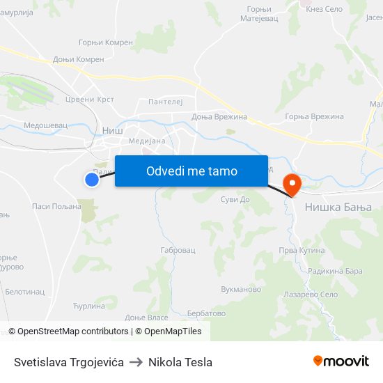 Svetislava Trgojevića to Nikola Tesla map