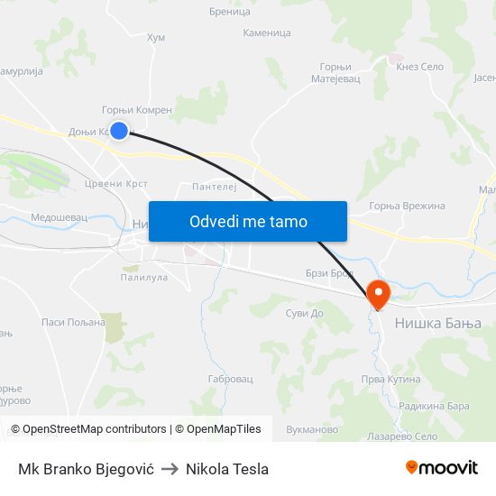 Mk Branko Bjegović to Nikola Tesla map