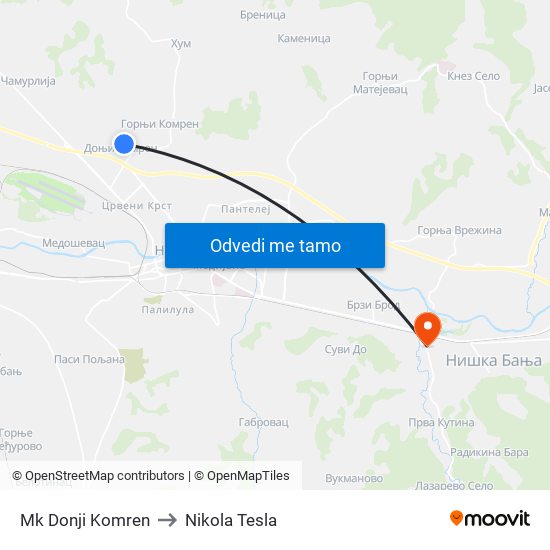 Mk Donji Komren to Nikola Tesla map