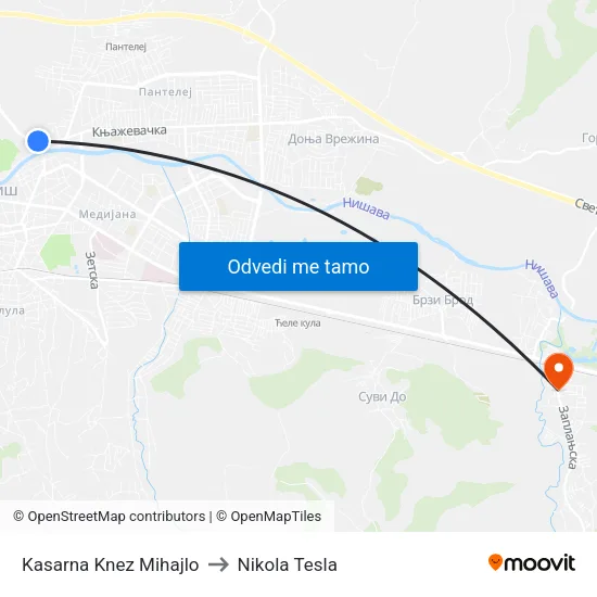Kasarna Knez Mihajlo to Nikola Tesla map