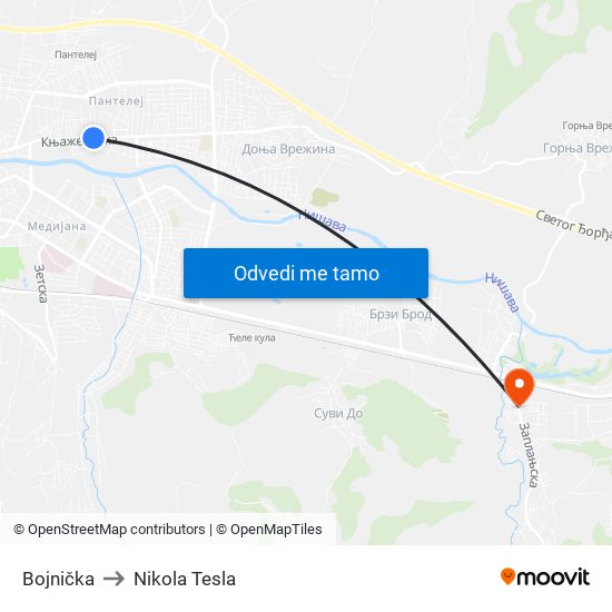 Bojnička to Nikola Tesla map