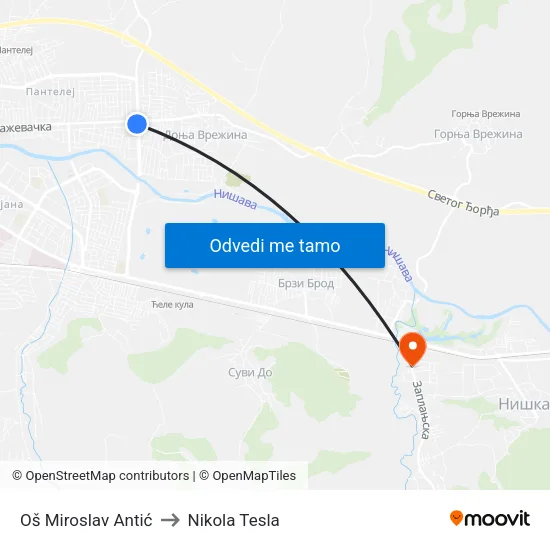 Oš Miroslav Antić to Nikola Tesla map