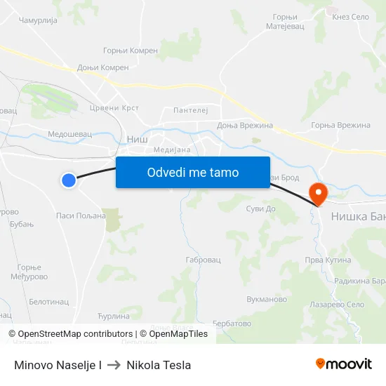 Minovo Naselje I to Nikola Tesla map