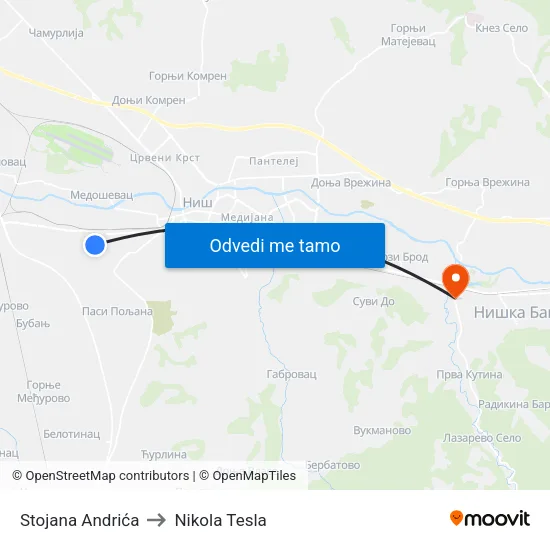 Stojana Andrića to Nikola Tesla map
