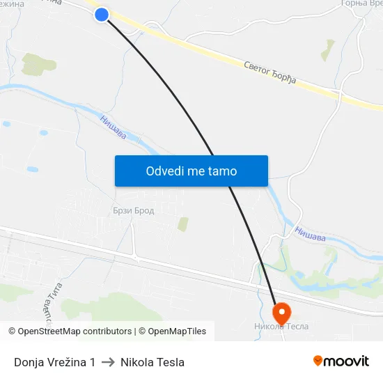 Donja Vrežina 1 to Nikola Tesla map