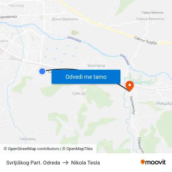 Svrljiškog Part. Odreda to Nikola Tesla map