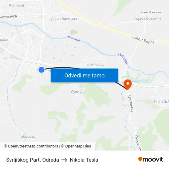 Svrljiškog Part. Odreda to Nikola Tesla map