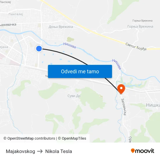 Majakovskog to Nikola Tesla map