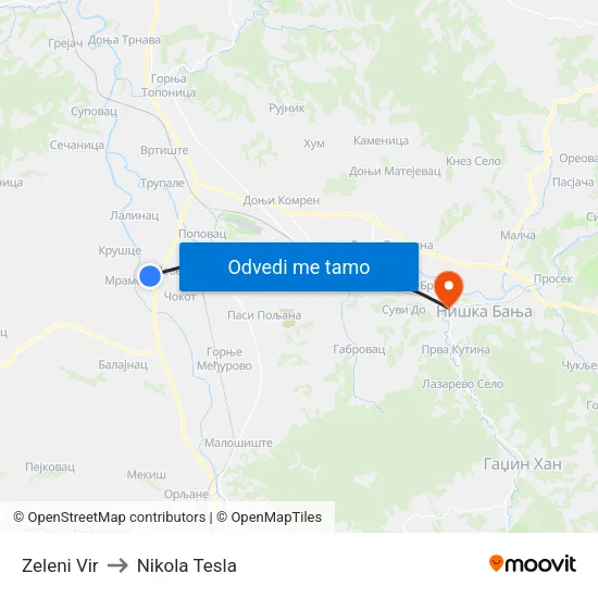 Zeleni Vir to Nikola Tesla map