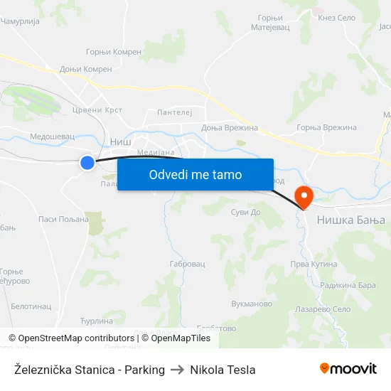 Železnička Stanica - Parking to Nikola Tesla map