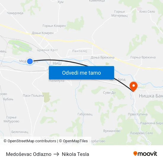 Medoševac Odlazno to Nikola Tesla map